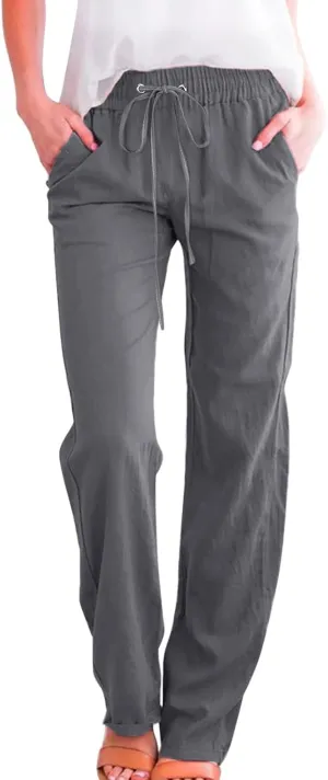 Linen Pants Women Summer Wide Leg Beach Trousers Elastic Waist Lightweight Cotton Blend Palazzo Pants