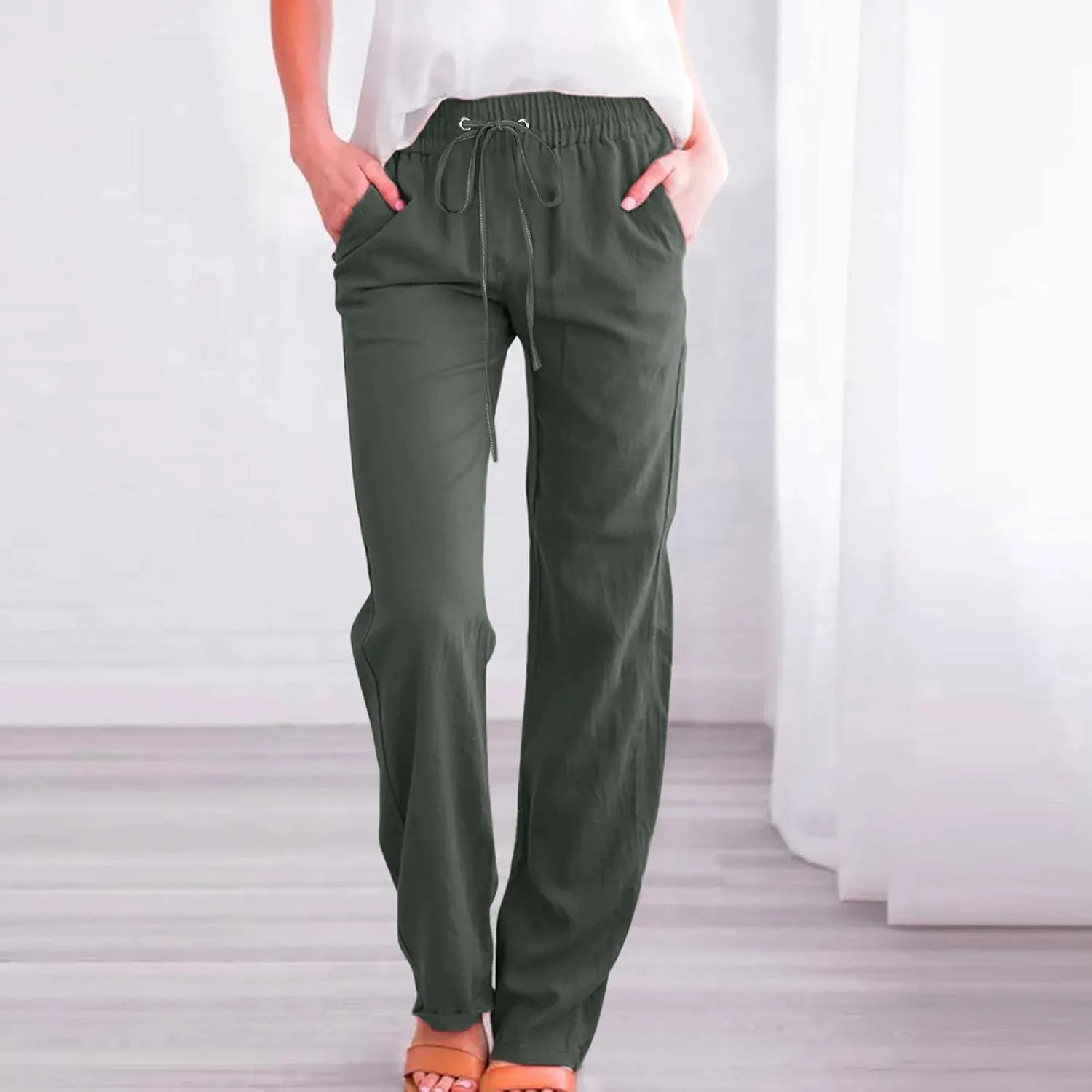Linen Pants Women Summer Wide Leg Beach Trousers Elastic Waist Lightweight Cotton Blend Palazzo Pants