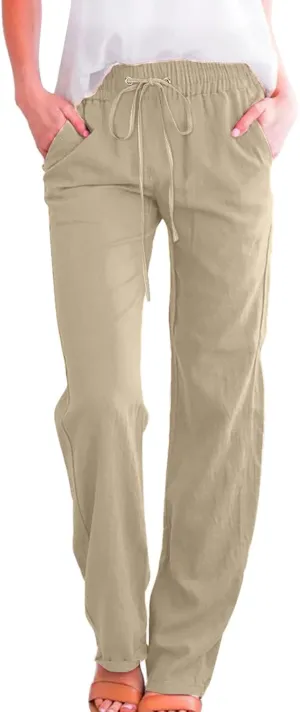 Linen Pants Women Summer Wide Leg Beach Trousers Elastic Waist Lightweight Cotton Blend Palazzo Pants