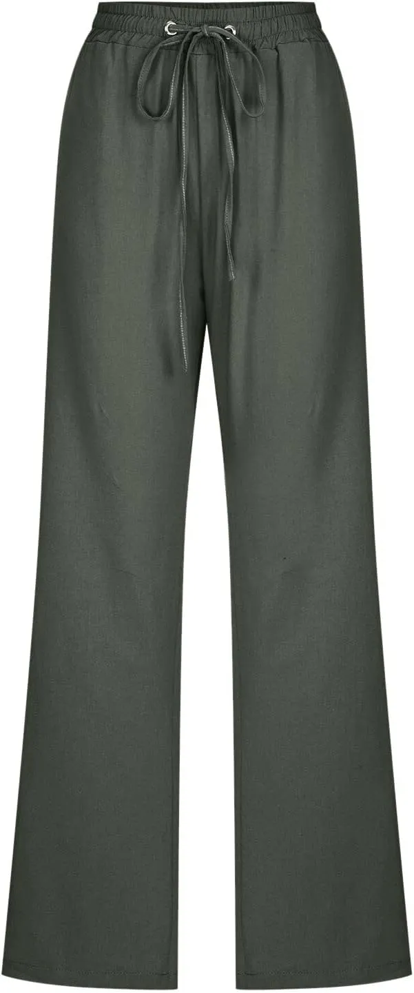 Linen Pants Women Summer Wide Leg Beach Trousers Elastic Waist Lightweight Cotton Blend Palazzo Pants