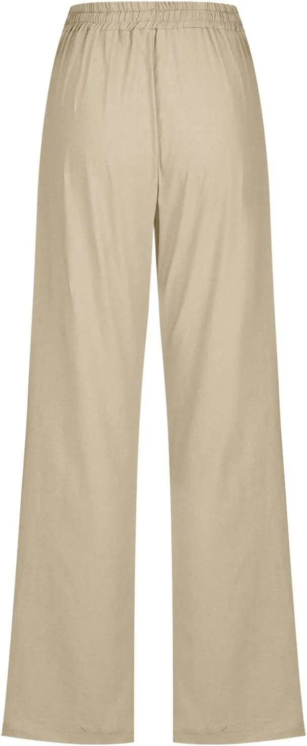 Linen Pants Women Summer Wide Leg Beach Trousers Elastic Waist Lightweight Cotton Blend Palazzo Pants