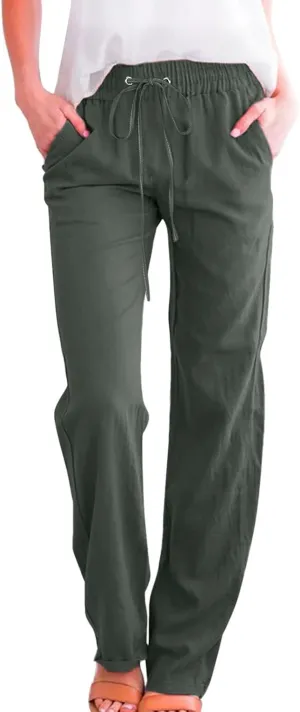 Linen Pants Women Summer Wide Leg Beach Trousers Elastic Waist Lightweight Cotton Blend Palazzo Pants