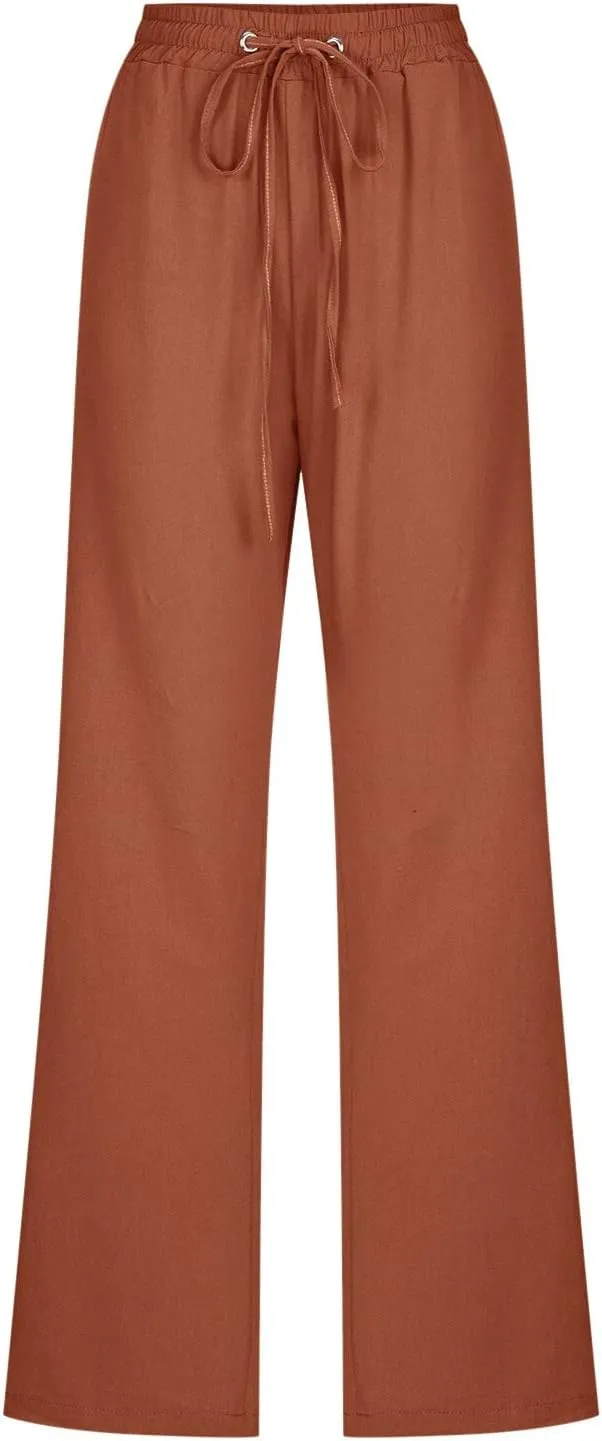 Linen Pants Women Summer Wide Leg Beach Trousers Elastic Waist Lightweight Cotton Blend Palazzo Pants
