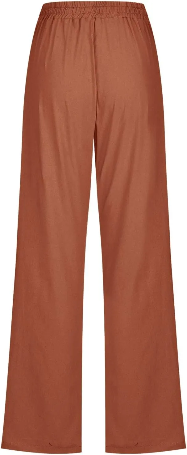 Linen Pants Women Summer Wide Leg Beach Trousers Elastic Waist Lightweight Cotton Blend Palazzo Pants