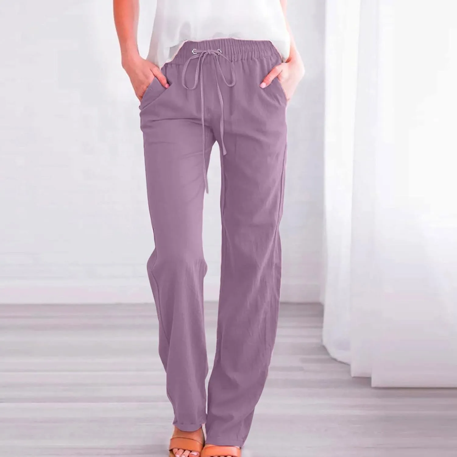 Linen Pants Women Summer Wide Leg Beach Trousers Elastic Waist Lightweight Cotton Blend Palazzo Pants