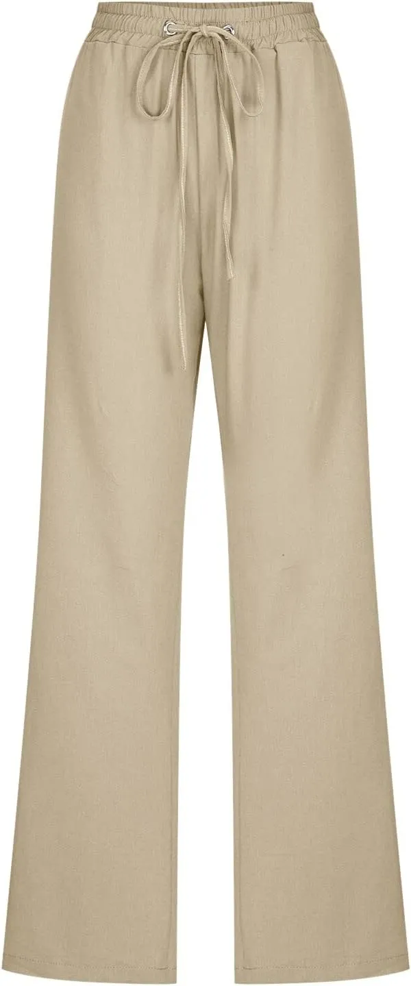 Linen Pants Women Summer Wide Leg Beach Trousers Elastic Waist Lightweight Cotton Blend Palazzo Pants