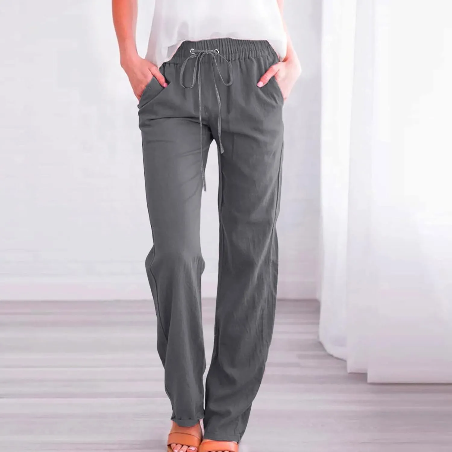 Linen Pants Women Summer Wide Leg Beach Trousers Elastic Waist Lightweight Cotton Blend Palazzo Pants