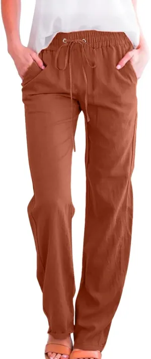 Linen Pants Women Summer Wide Leg Beach Trousers Elastic Waist Lightweight Cotton Blend Palazzo Pants