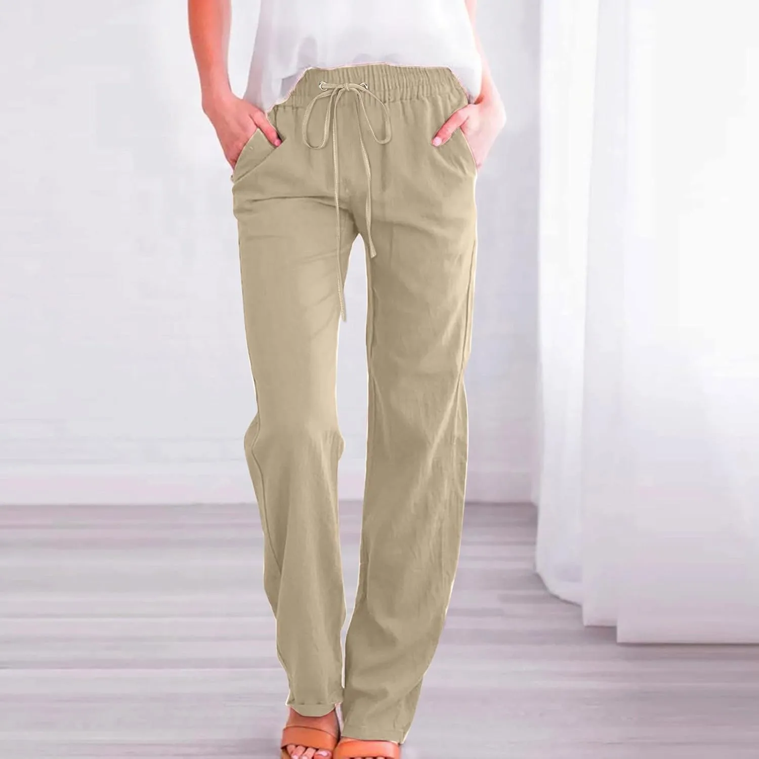 Linen Pants Women Summer Wide Leg Beach Trousers Elastic Waist Lightweight Cotton Blend Palazzo Pants