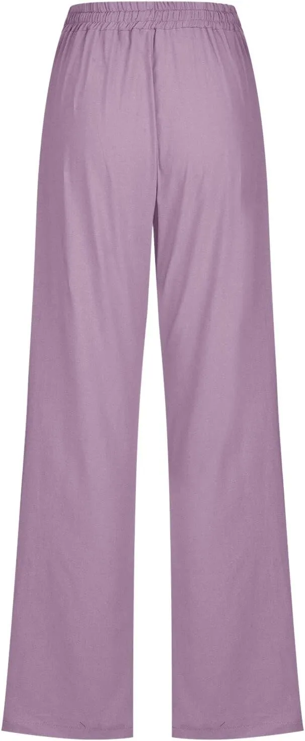 Linen Pants Women Summer Wide Leg Beach Trousers Elastic Waist Lightweight Cotton Blend Palazzo Pants