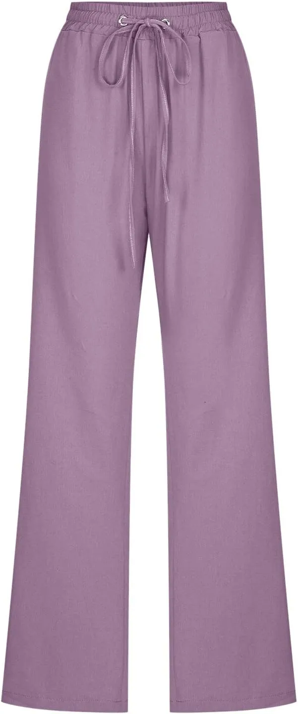 Linen Pants Women Summer Wide Leg Beach Trousers Elastic Waist Lightweight Cotton Blend Palazzo Pants