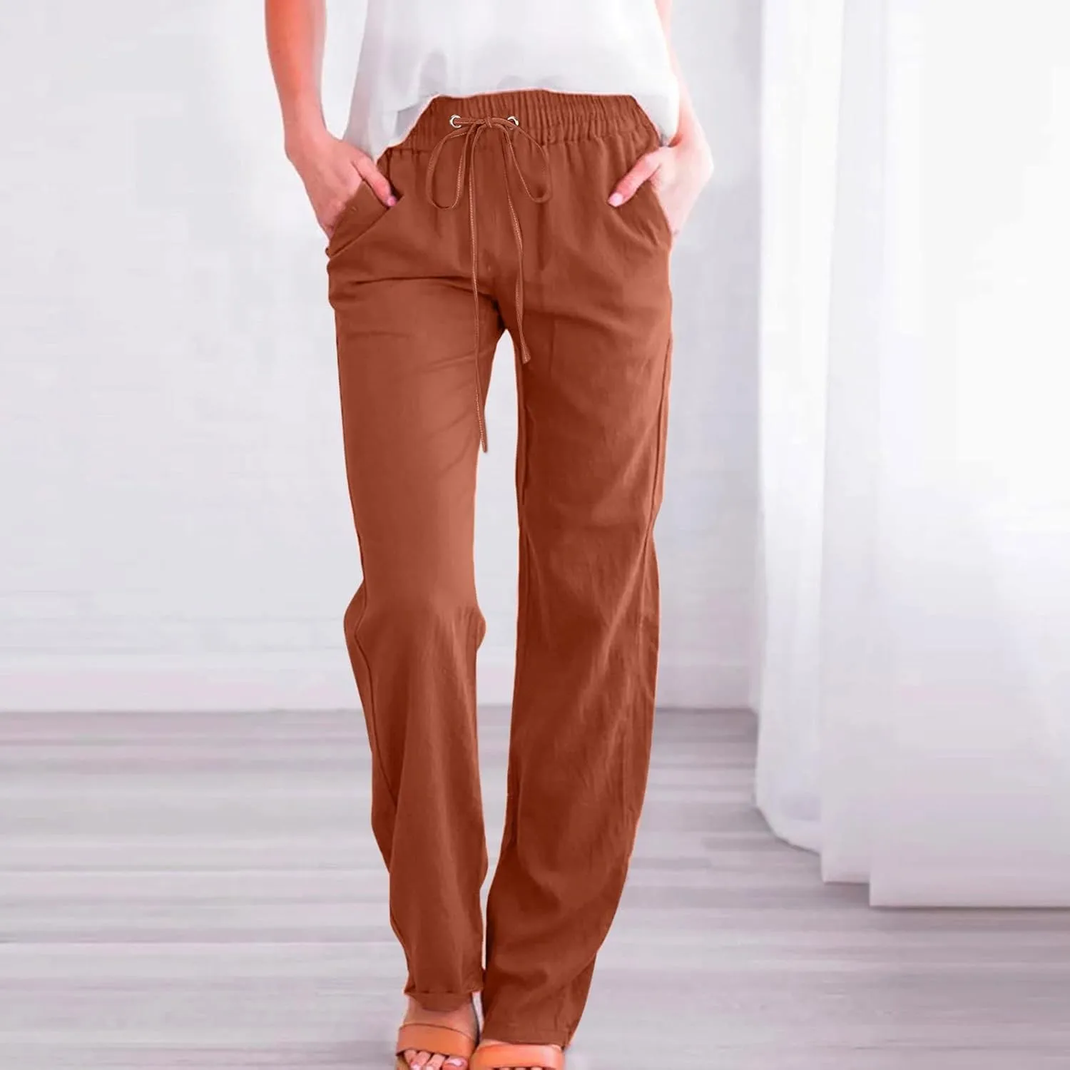 Linen Pants Women Summer Wide Leg Beach Trousers Elastic Waist Lightweight Cotton Blend Palazzo Pants