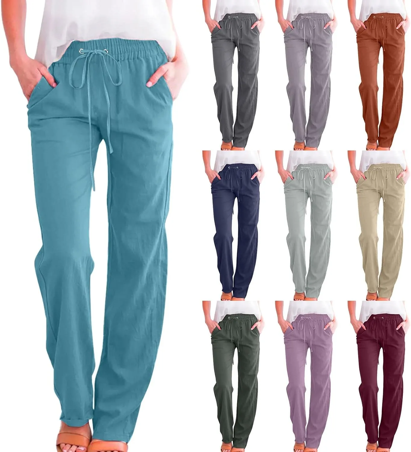 Linen Pants Women Summer Wide Leg Beach Trousers Elastic Waist Lightweight Cotton Blend Palazzo Pants