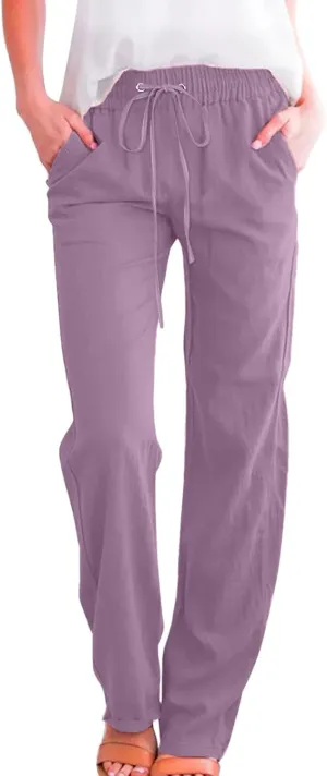 Linen Pants Women Summer Wide Leg Beach Trousers Elastic Waist Lightweight Cotton Blend Palazzo Pants