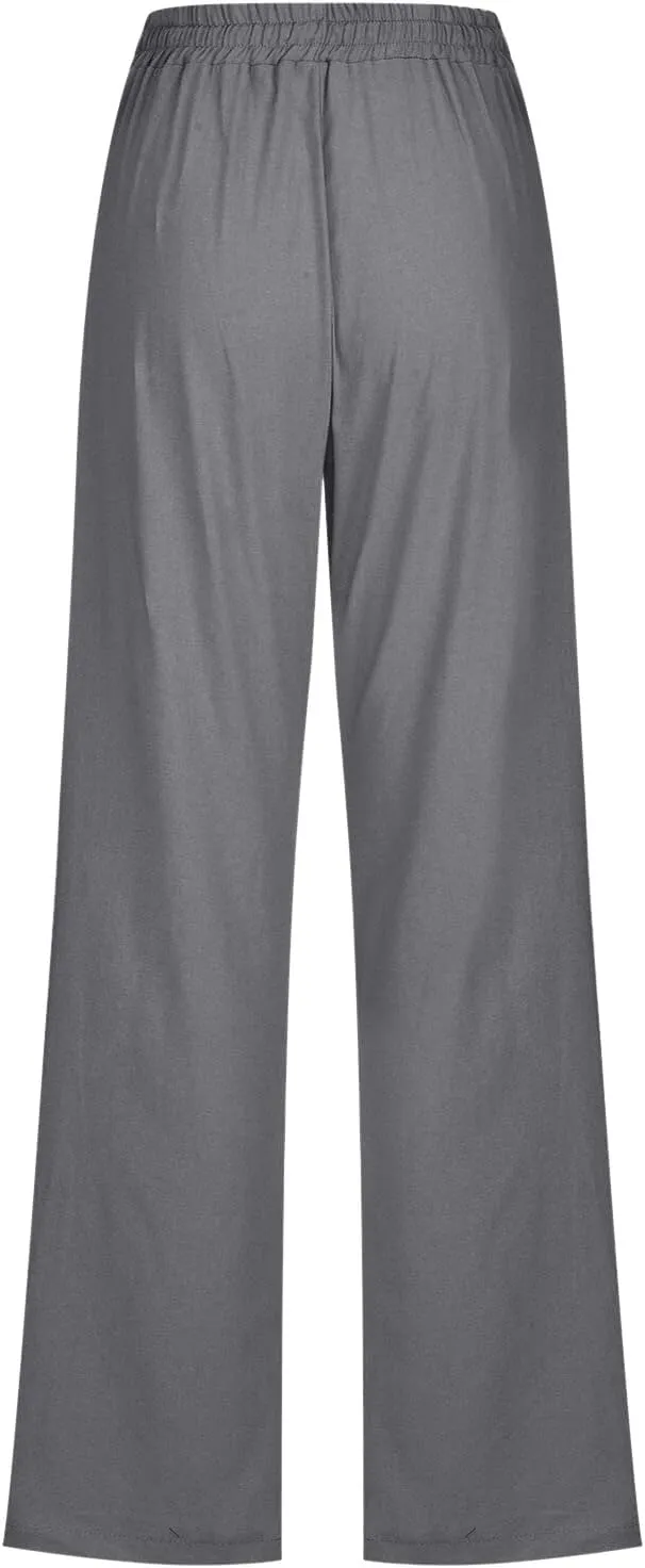 Linen Pants Women Summer Wide Leg Beach Trousers Elastic Waist Lightweight Cotton Blend Palazzo Pants