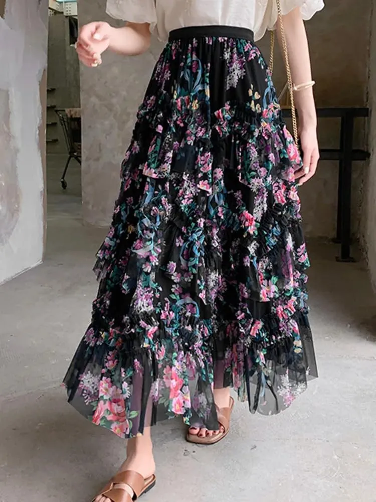 LIXINGHEITANG French Ruffles Splicing Skirt Female Summer Women Print Long Skirts