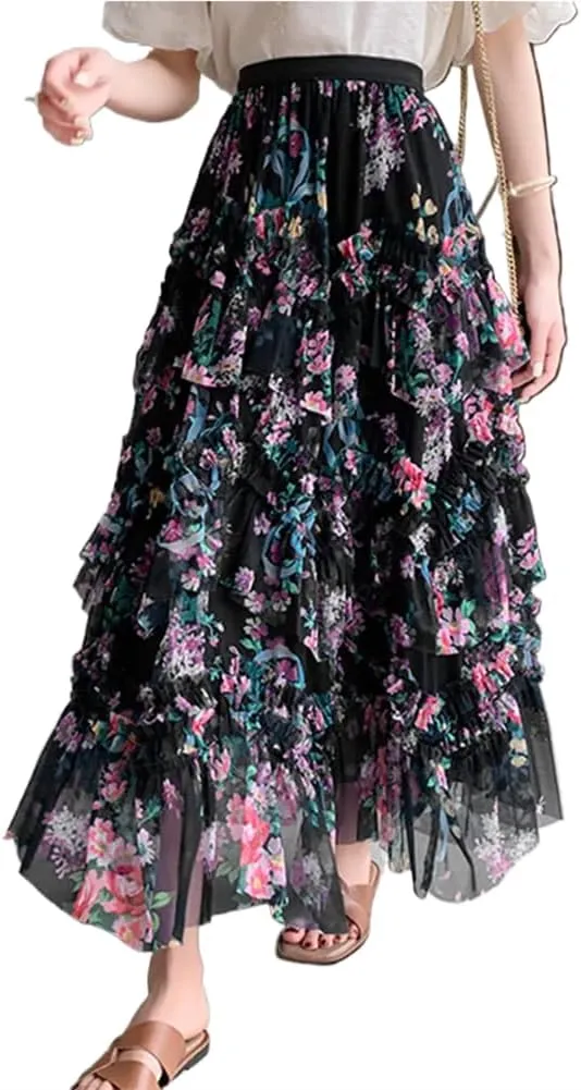 LIXINGHEITANG French Ruffles Splicing Skirt Female Summer Women Print Long Skirts