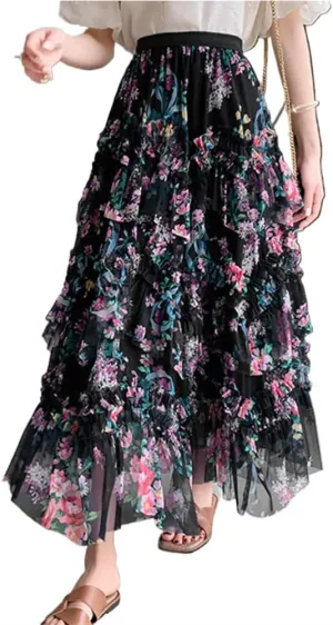 LIXINGHEITANG French Ruffles Splicing Skirt Female Summer Women Print Long Skirts