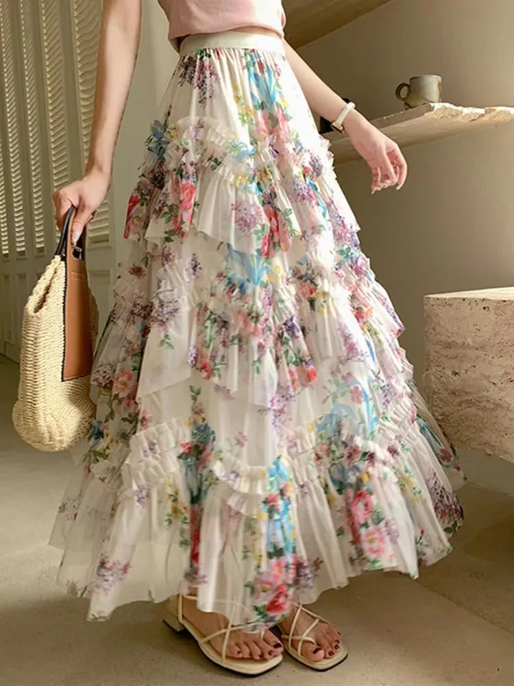 LIXINGHEITANG French Ruffles Splicing Skirt Female Summer Women Print Long Skirts