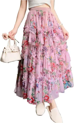 LIXINGHEITANG French Ruffles Splicing Skirt Female Summer Women Print Long Skirts