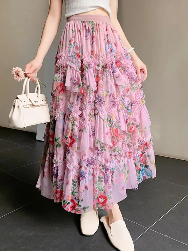 LIXINGHEITANG French Ruffles Splicing Skirt Female Summer Women Print Long Skirts