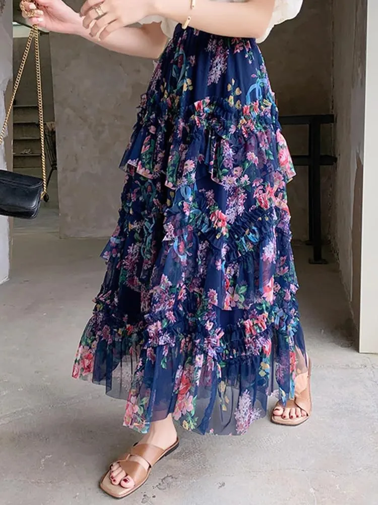 LIXINGHEITANG French Ruffles Splicing Skirt Female Summer Women Print Long Skirts