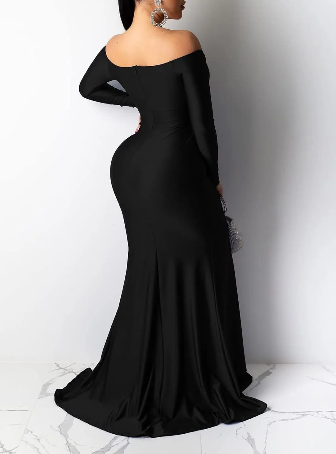 LKOUS Women's Wedding Evening Party Dresses, Sexy Off Shoulder Split Floor Length Cocktail Maxi Long Dresses