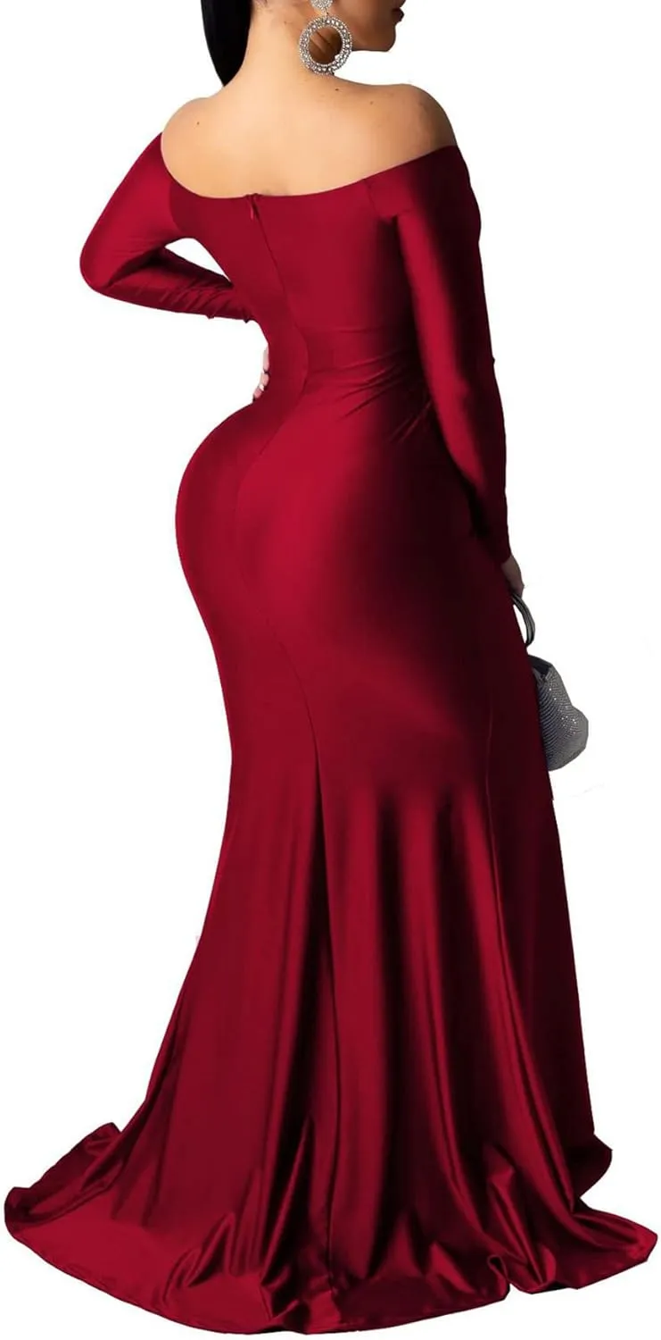 LKOUS Women's Wedding Evening Party Dresses, Sexy Off Shoulder Split Floor Length Cocktail Maxi Long Dresses