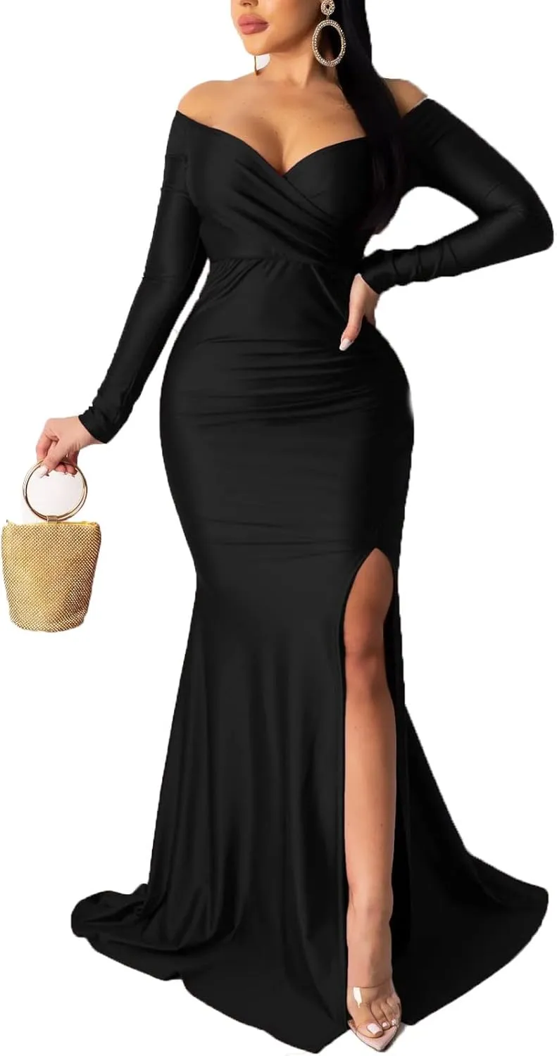 LKOUS Women's Wedding Evening Party Dresses, Sexy Off Shoulder Split Floor Length Cocktail Maxi Long Dresses