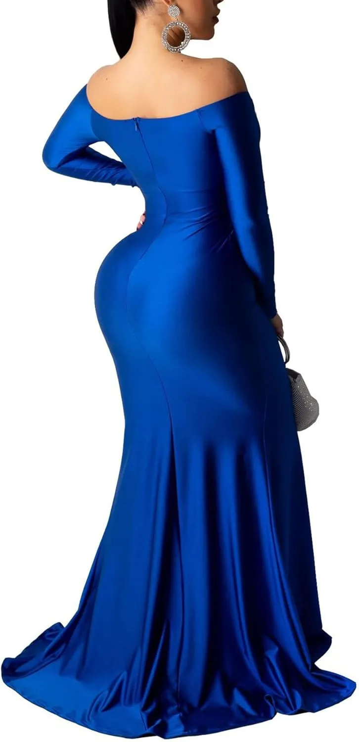 LKOUS Women's Wedding Evening Party Dresses, Sexy Off Shoulder Split Floor Length Cocktail Maxi Long Dresses