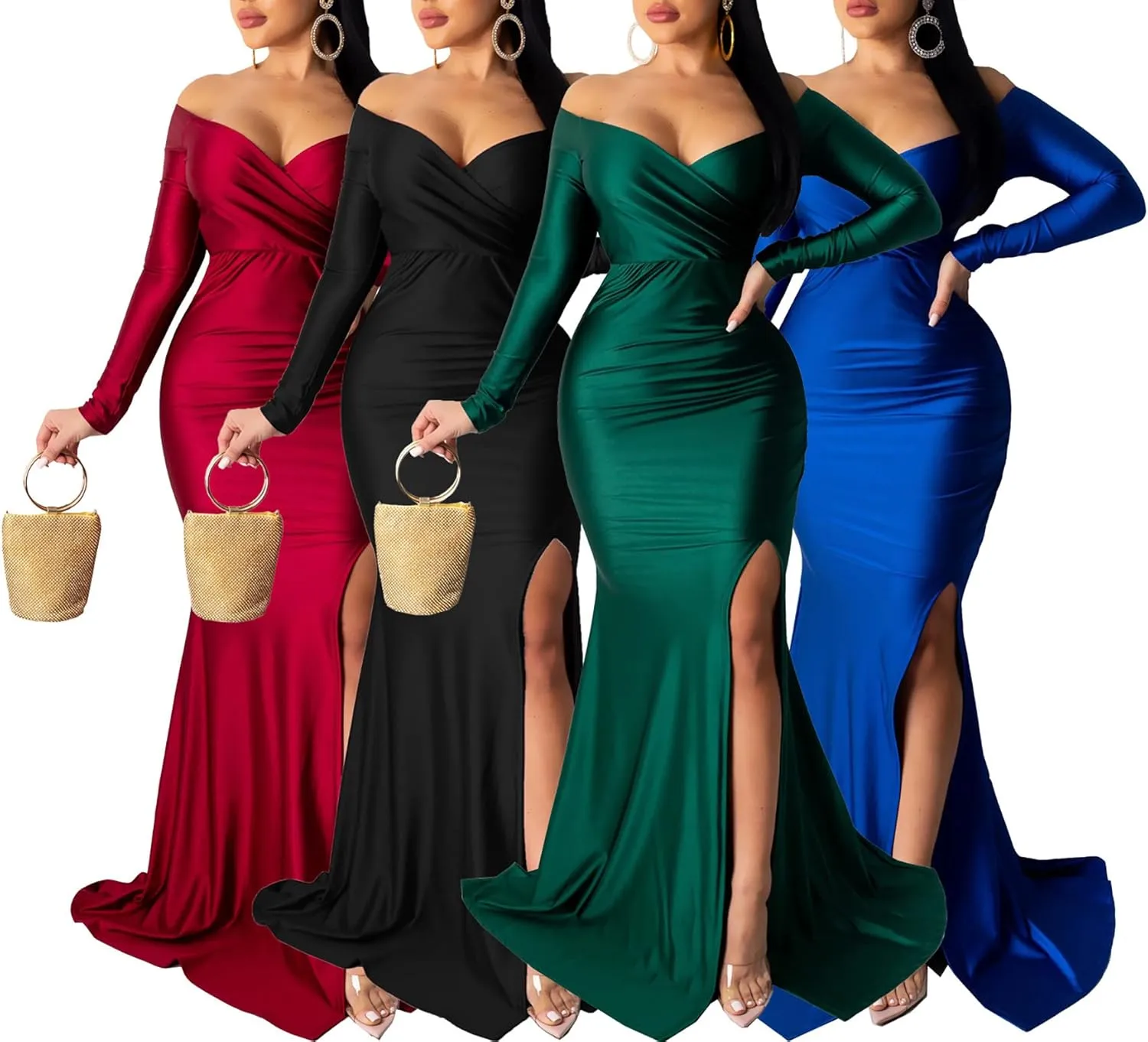 LKOUS Women's Wedding Evening Party Dresses, Sexy Off Shoulder Split Floor Length Cocktail Maxi Long Dresses