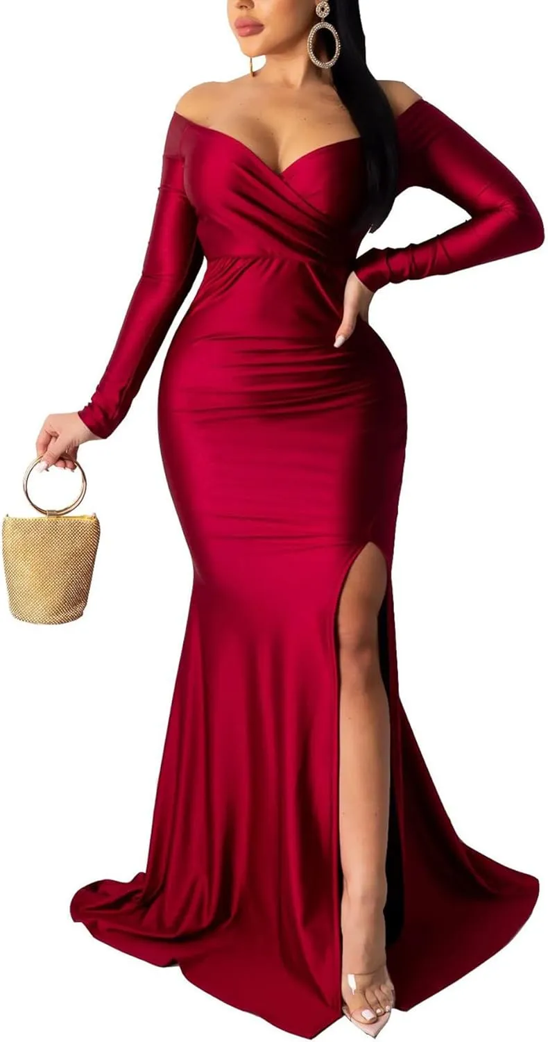 LKOUS Women's Wedding Evening Party Dresses, Sexy Off Shoulder Split Floor Length Cocktail Maxi Long Dresses