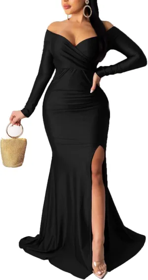 LKOUS Women's Wedding Evening Party Dresses, Sexy Off Shoulder Split Floor Length Cocktail Maxi Long Dresses