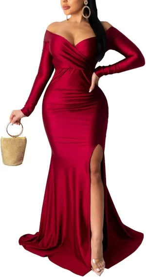 LKOUS Women's Wedding Evening Party Dresses, Sexy Off Shoulder Split Floor Length Cocktail Maxi Long Dresses