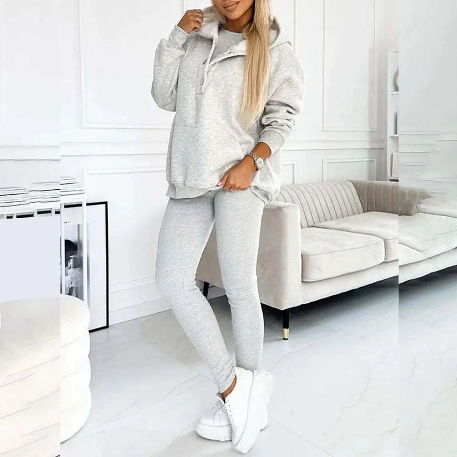 Lounge Sets for Women - 2 Piece Button Thick Outfits Sweatsuit Hoodies with Pants Fall Jogging Track Suits for Women
