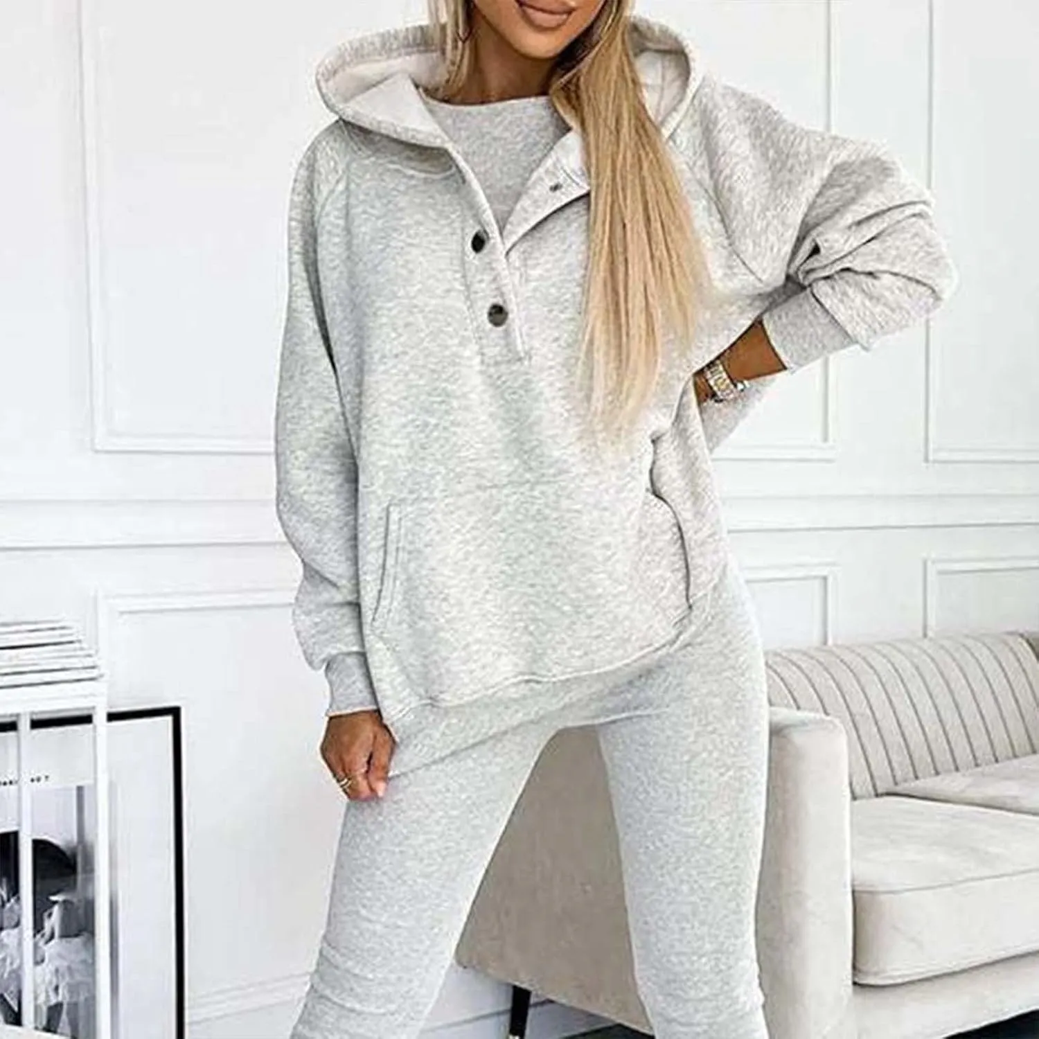 Lounge Sets for Women - 2 Piece Button Thick Outfits Sweatsuit Hoodies with Pants Fall Jogging Track Suits for Women
