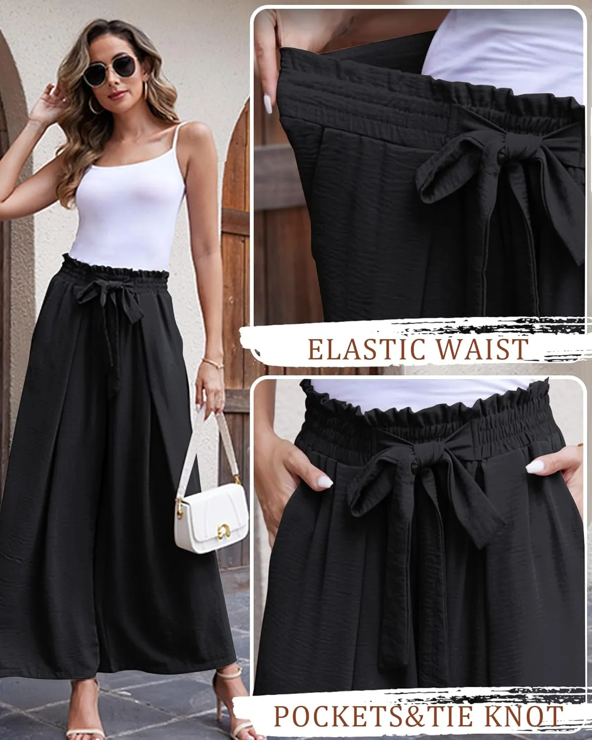 LOUSGUTA Wide Leg Pants for Women High Waisted Palazzo Pants Work Casual Flowy Tie Knot Trousers with Pockets