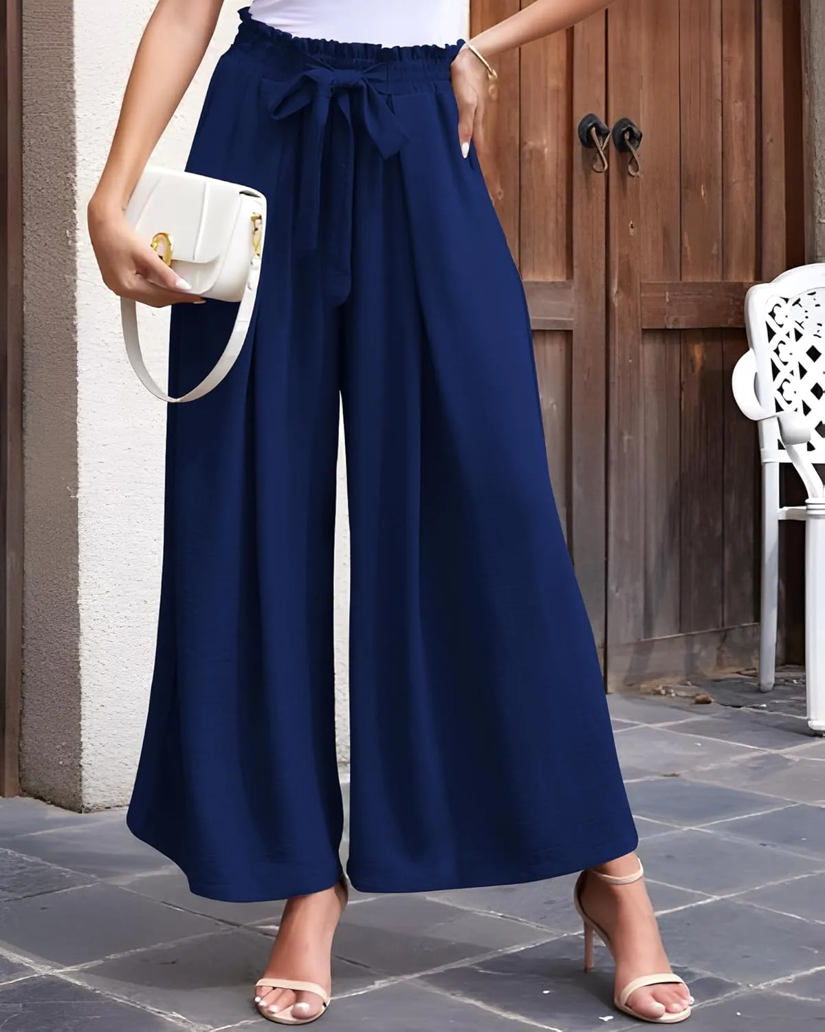 LOUSGUTA Wide Leg Pants for Women High Waisted Palazzo Pants Work Casual Flowy Tie Knot Trousers with Pockets