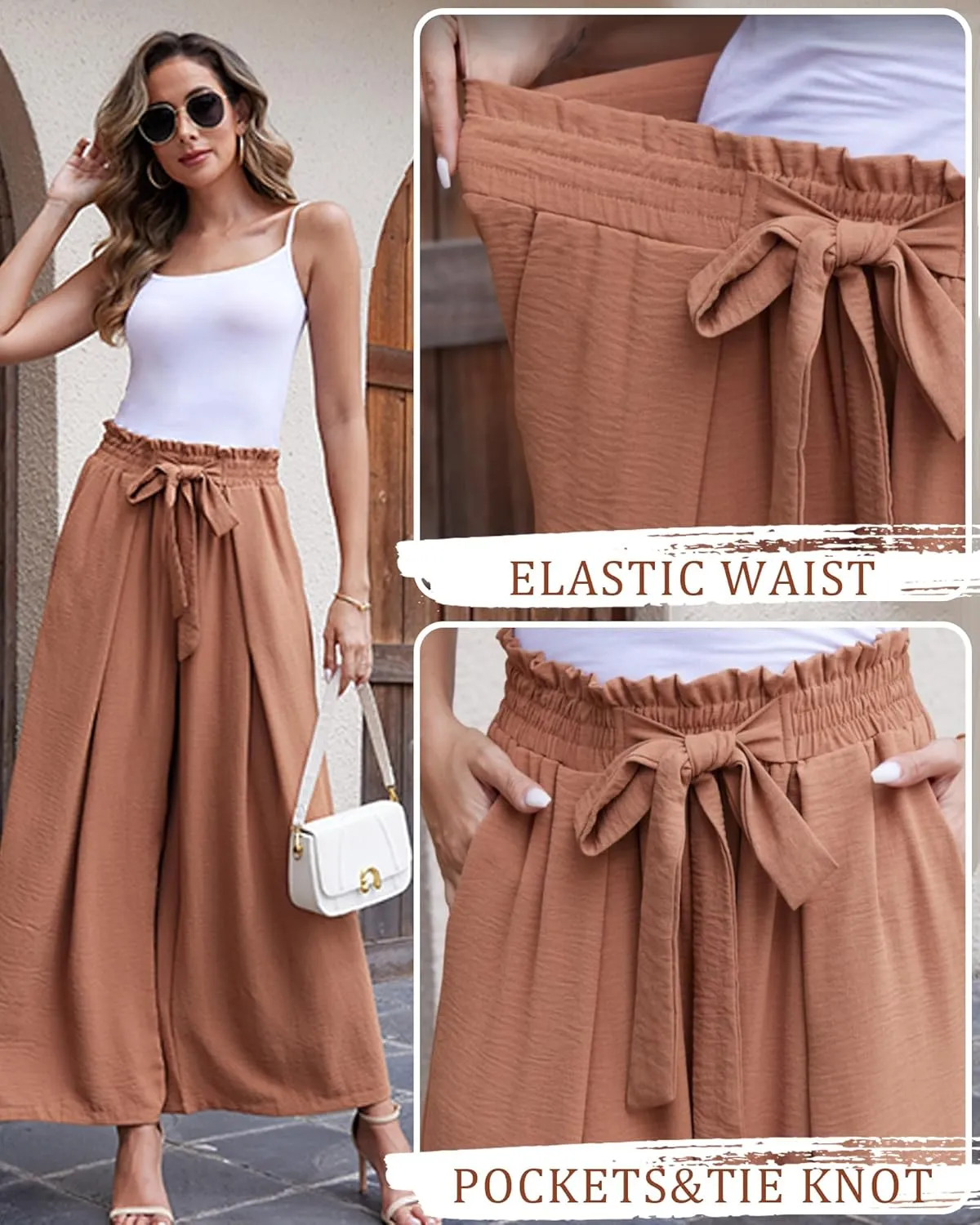 LOUSGUTA Wide Leg Pants for Women High Waisted Palazzo Pants Work Casual Flowy Tie Knot Trousers with Pockets