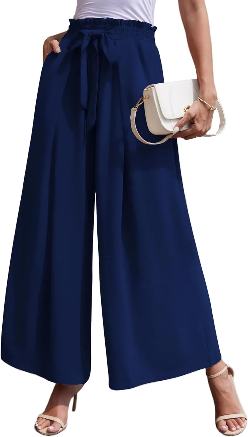 LOUSGUTA Wide Leg Pants for Women High Waisted Palazzo Pants Work Casual Flowy Tie Knot Trousers with Pockets
