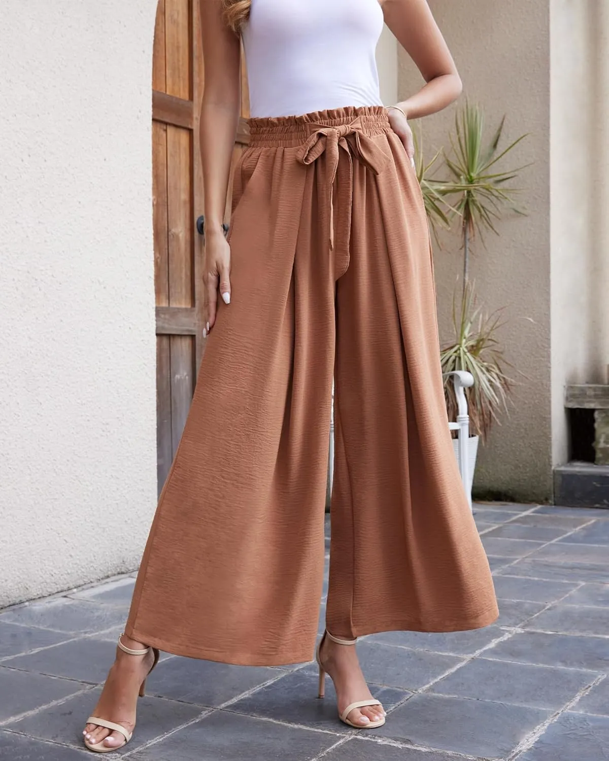 LOUSGUTA Wide Leg Pants for Women High Waisted Palazzo Pants Work Casual Flowy Tie Knot Trousers with Pockets