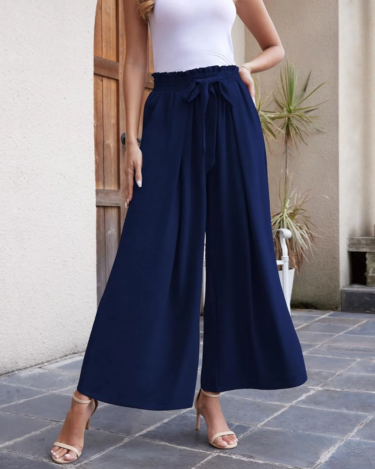 LOUSGUTA Wide Leg Pants for Women High Waisted Palazzo Pants Work Casual Flowy Tie Knot Trousers with Pockets