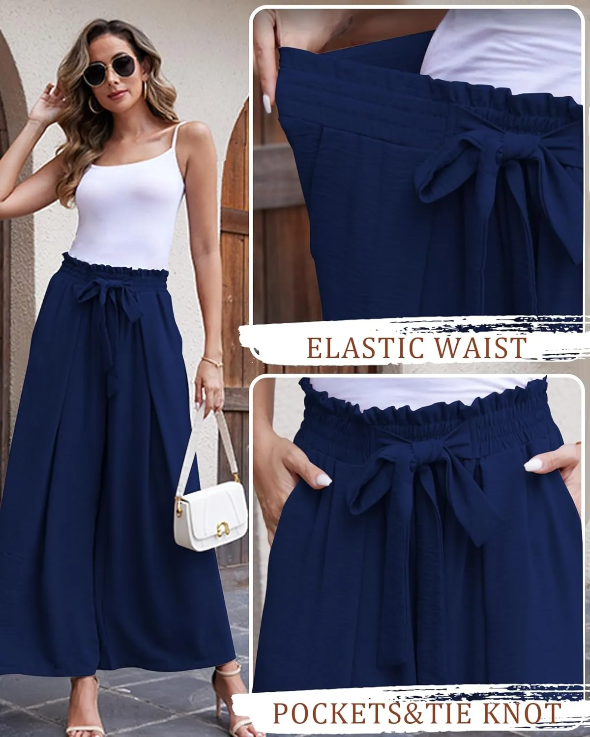 LOUSGUTA Wide Leg Pants for Women High Waisted Palazzo Pants Work Casual Flowy Tie Knot Trousers with Pockets
