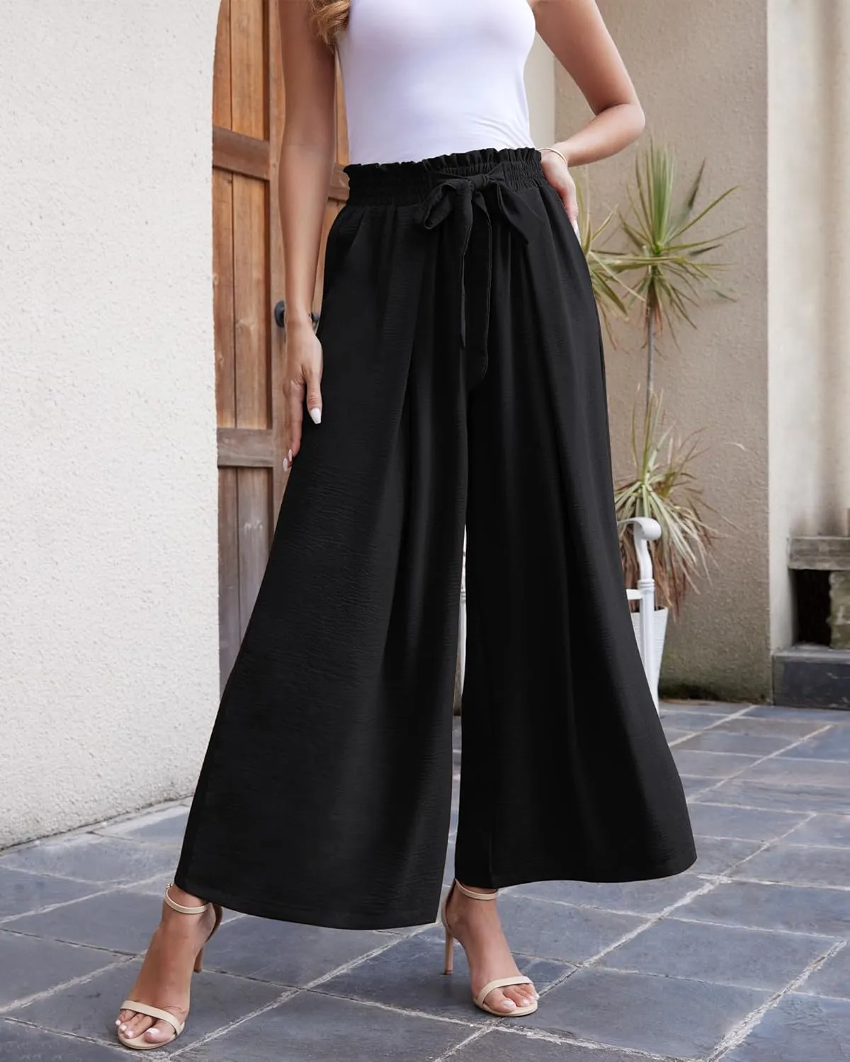 LOUSGUTA Wide Leg Pants for Women High Waisted Palazzo Pants Work Casual Flowy Tie Knot Trousers with Pockets
