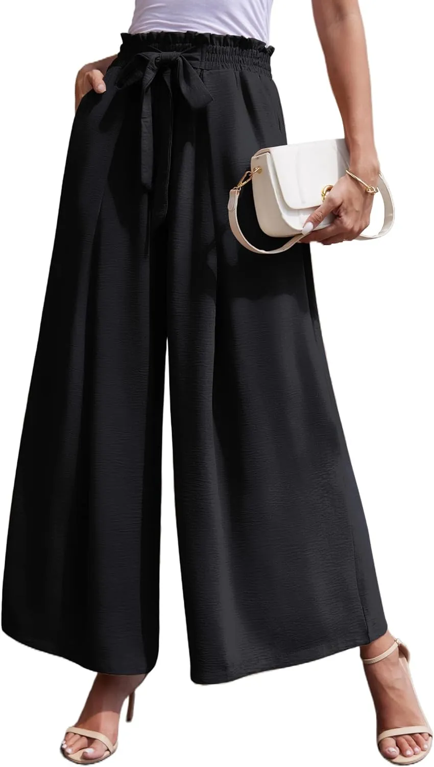 LOUSGUTA Wide Leg Pants for Women High Waisted Palazzo Pants Work Casual Flowy Tie Knot Trousers with Pockets