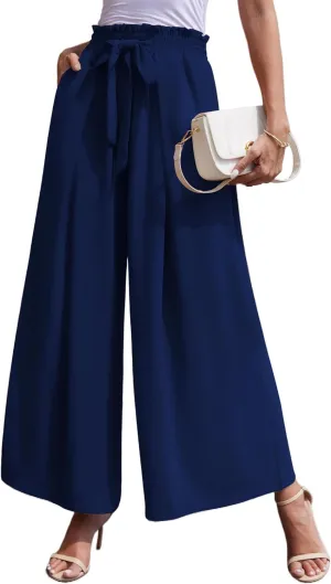 LOUSGUTA Wide Leg Pants for Women High Waisted Palazzo Pants Work Casual Flowy Tie Knot Trousers with Pockets