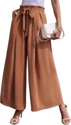 LOUSGUTA Wide Leg Pants for Women High Waisted Palazzo Pants Work Casual Flowy Tie Knot Trousers with Pockets