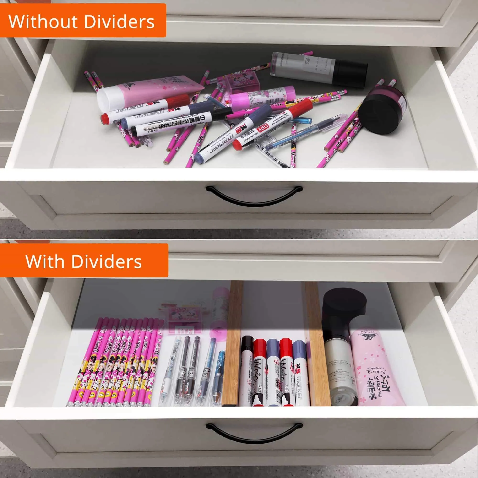 Luckyshe Bamboo Drawer Dividers, Adjustable & Spring Kitchen Drawer Dividers, Expandable & Eco-Friendly Drawer Organizers and Dividers for Kitchen, Dresser, Bathroom, Desk, Bedroom - Pack of 4