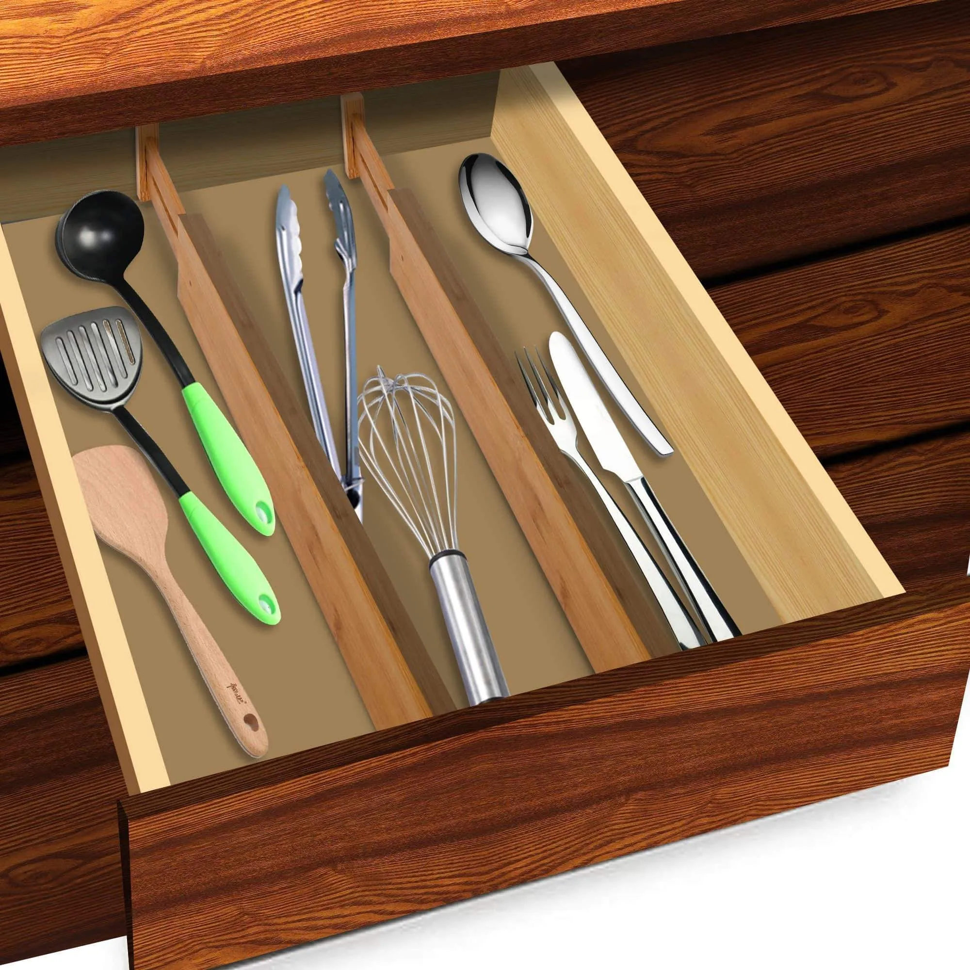 Luckyshe Bamboo Drawer Dividers, Adjustable & Spring Kitchen Drawer Dividers, Expandable & Eco-Friendly Drawer Organizers and Dividers for Kitchen, Dresser, Bathroom, Desk, Bedroom - Pack of 4