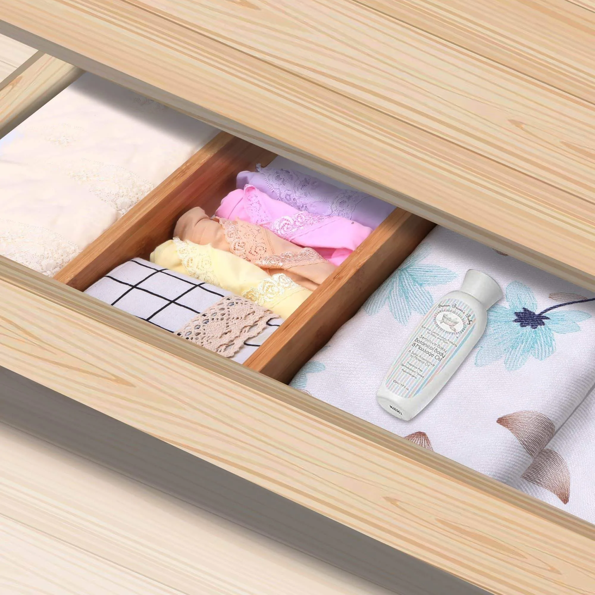 Luckyshe Bamboo Drawer Dividers, Adjustable & Spring Kitchen Drawer Dividers, Expandable & Eco-Friendly Drawer Organizers and Dividers for Kitchen, Dresser, Bathroom, Desk, Bedroom - Pack of 4